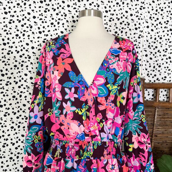 Lilly Pulitzer | Cristiana Pink Brown Floral Ruffle Plus Size Mini Dress 16 - Picture 3 of 11